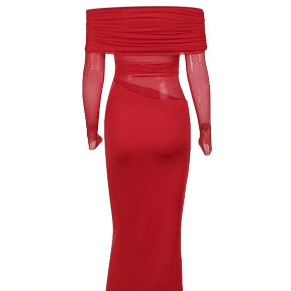 Red Elegant Women's Off-Shoulder Long Mesh Hollow-Out Bodycon Dress - Picture 7 of 7